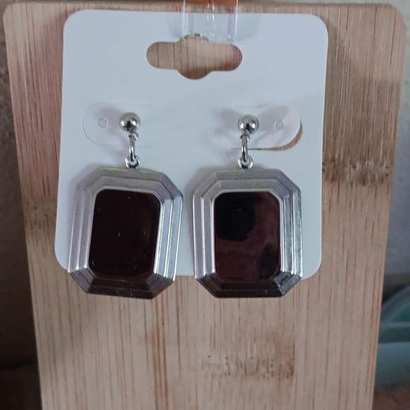 Rectangular Silver Tone Dangle Post Earrings - Picture 4 of 5